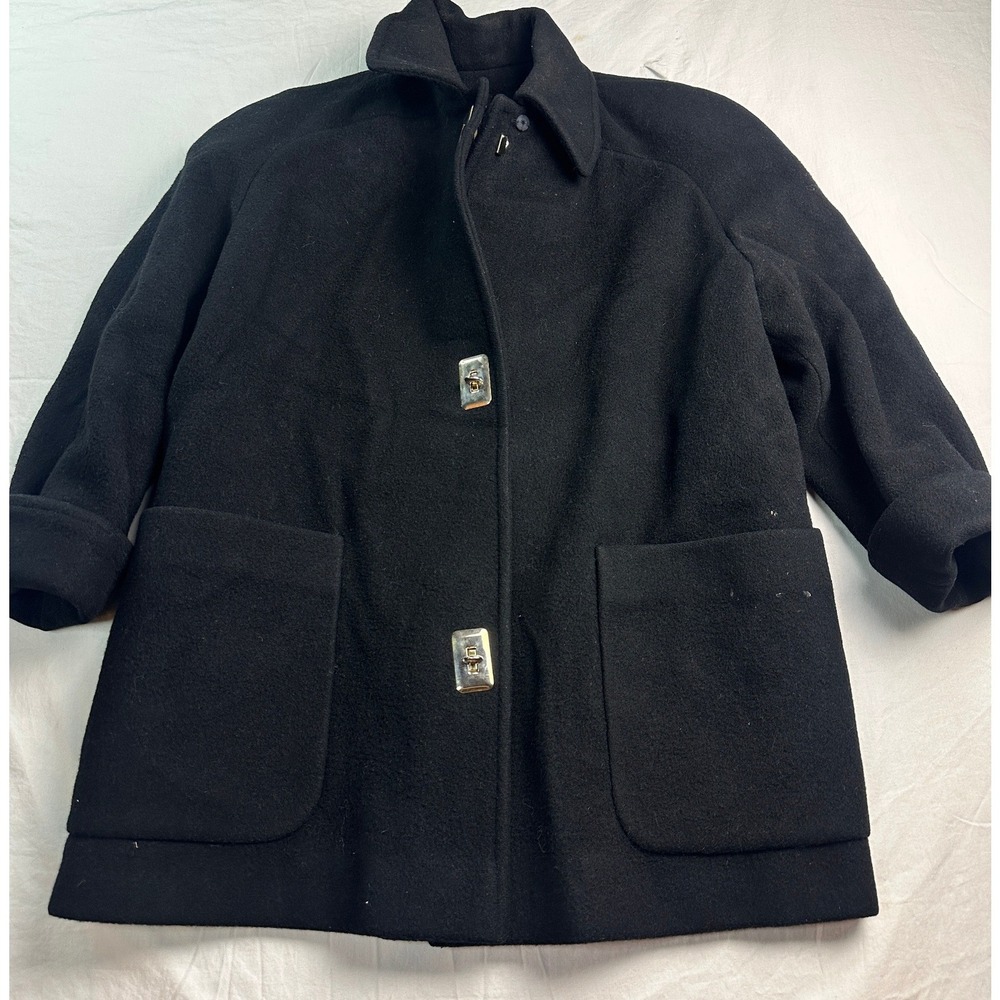 Anne Klein II Black 100% Pure Wool Petite Coat Gold Turn Lock Hardware Vintage